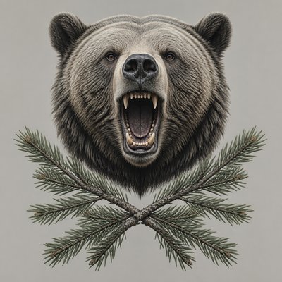 a roaring bear head above crossed pine branches, bold graphic composition on a plain background, no text