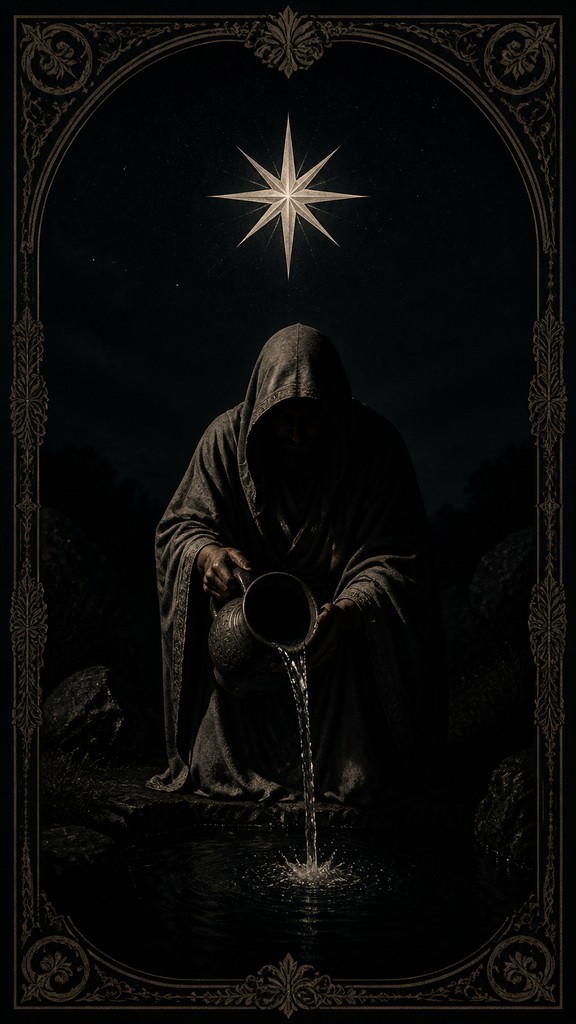 a robed figure pouring water beneath a large eight-pointed star in a night sky, symmetrical composition with an ornate decorative border, no text