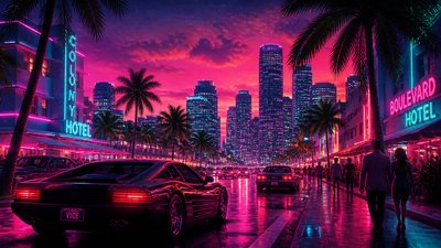 bustling city street panorama at dusk