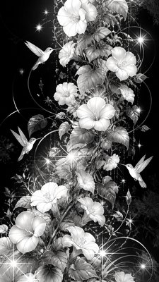 a climbing vine of flowers and hummingbirds on a dark background, tall wrapping composition, no text
