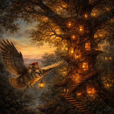 Art Style: Classical Oil Painting on Canvas. A mix of the Hudson River School for the landscape and Dutch Golden Age for the cozy, interior glow. Rich, blended brushstrokes and a heavy emphasis on "Chiaroscuro" (the contrast between dark and light).

The Scene: A majestic, ancient oak tree stands as a beacon in a twilight forest. The tree is a vertical village; dozens of tiny, warm-orange lights glow from windows carved into the bark and from lanterns hanging on crooked branches.

The Details: > * The Owls: In the foreground, a large, painterly Great Horned Owl is mid-landing, its wings spread wide, showcasing soft, feathered textures. A small gnome in a weathered red cap is leaning out from a leather saddle, waving a tiny lantern.

    The Treehouse: Wooden stairs wind around the trunk like a spiral, and laundry lines with tiny clothes stretch between branches.

Lighting & Color: The sky is a deep, romantic "Maxfield Parrish" blue, transitioning into a soft apricot sunset on the horizon. The foliage is rendered in deep forest greens and burnt umbers.

Texture: The overall feel should be "thick"—you can almost see the texture of the oil paint and the cracked varnish of an old museum piece.
