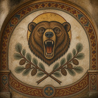 a roaring bear head above crossed pine branches, bold graphic composition on a plain background, no text
