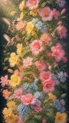 a climbing vine of flowers and hummingbirds on a dark background, tall wrapping composition, no text