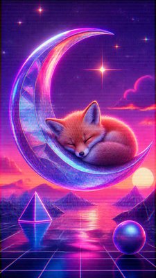 a sleeping baby fox curled on a crescent moon among soft stars, gentle and warm, no text
