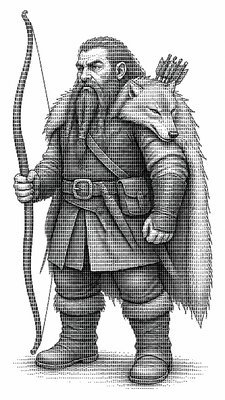 full-body original character: a dwarven ranger with a braided auburn beard, worn leather armor, a longbow and a wolf-pelt cloak, neutral background, no text