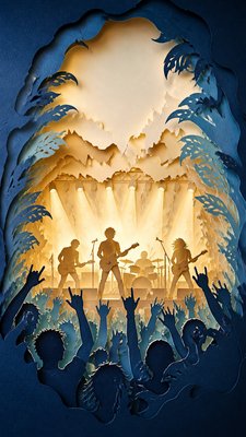 a live music scene with a glowing stage and silhouetted crowd, energetic vertical composition with open space at the top, no text