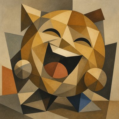 an exaggerated laughing face of an original round mascot character, bold and readable at small size, plain background, no text