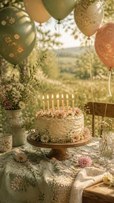 a birthday cake with lit candles surrounded by balloons and confetti, festive vertical composition, no text