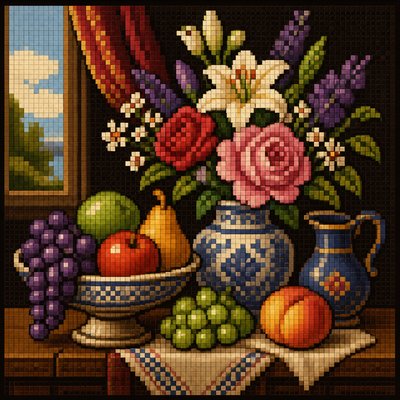 still life arrangement of fruits and flowers