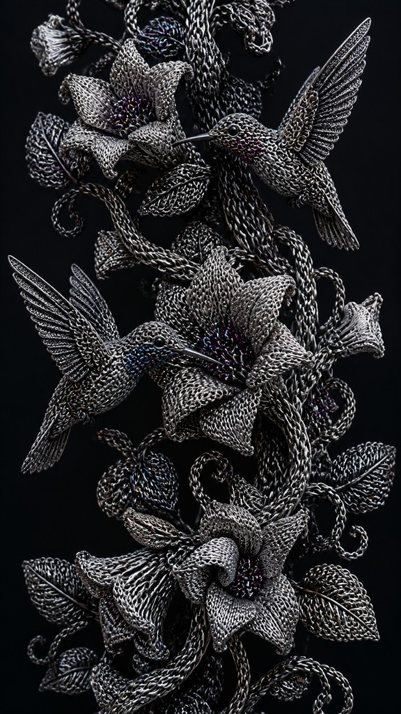 a climbing vine of flowers and hummingbirds on a dark background, tall wrapping composition, no text