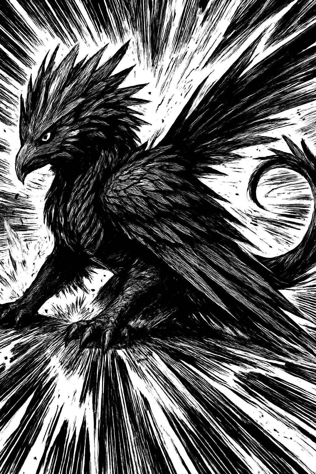 a black and white drawing of a bird