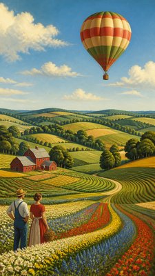 a hot air balloon drifting over rolling flower fields on a sunny day, cheerful, no text