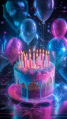 a birthday cake with lit candles surrounded by balloons and confetti, festive vertical composition, no text