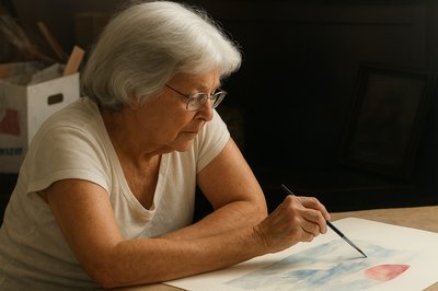an older woman sitting at a table with a pen and paper