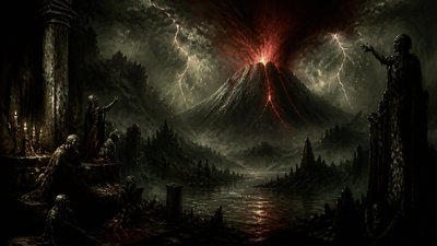 an erupting volcano with lightning strikes, dramatic wide composition, no text