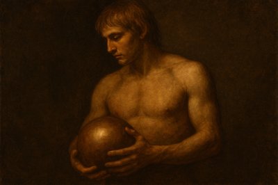 a painting of a man holding a ball