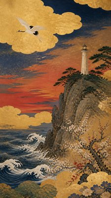 a lone lighthouse on a cliff at dusk under a dramatic sky, no text or lettering