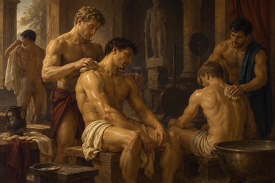 after training exercises at the gymnasium the  athletes scrub off oil and sponge bathe each other 