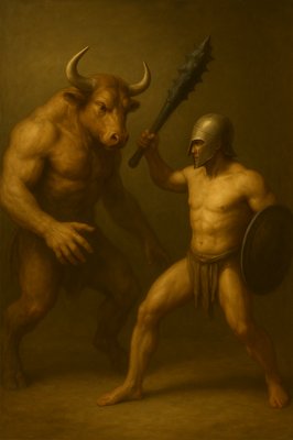 a painting of two men fighting with a horned bull
