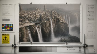 a cliffside city with waterfalls cascading into a misty canyon, wide establishing shot, no people, no text