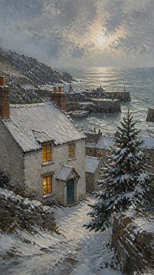 a snow-covered cottage with warm glowing windows beside a decorated pine tree, gentle snowfall, no text