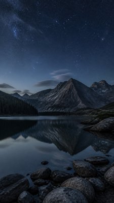 a tranquil mountain lake beneath a starry night sky, no people, no text