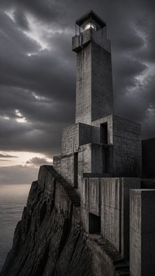 a lone lighthouse on a cliff at dusk under a dramatic sky, no text or lettering