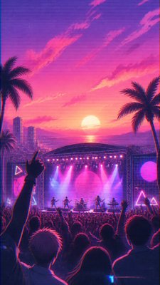 a live music scene with a glowing stage and silhouetted crowd, energetic vertical composition with open space at the top, no text
