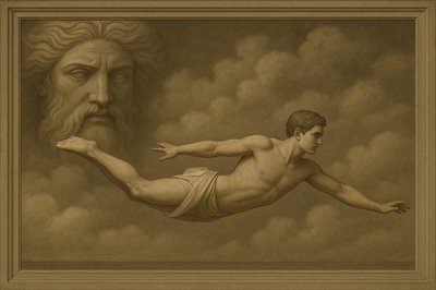a painting of a man floating in the air