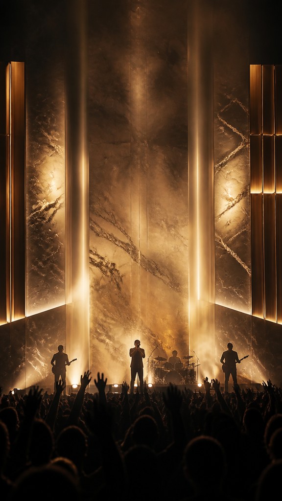 a live music scene with a glowing stage and silhouetted crowd, energetic vertical composition with open space at the top, no text
