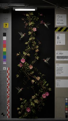 a climbing vine of flowers and hummingbirds on a dark background, tall wrapping composition, no text