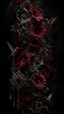 a climbing vine of flowers and hummingbirds on a dark background, tall wrapping composition, no text