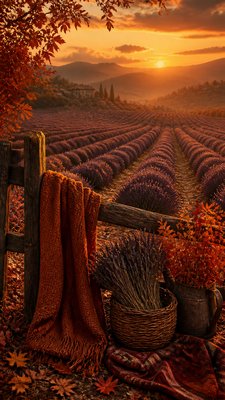 a field of lavender stretching to distant hills at dusk, no people