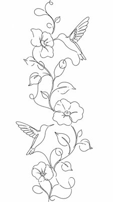 a climbing vine of flowers and hummingbirds on a dark background, tall wrapping composition, no text