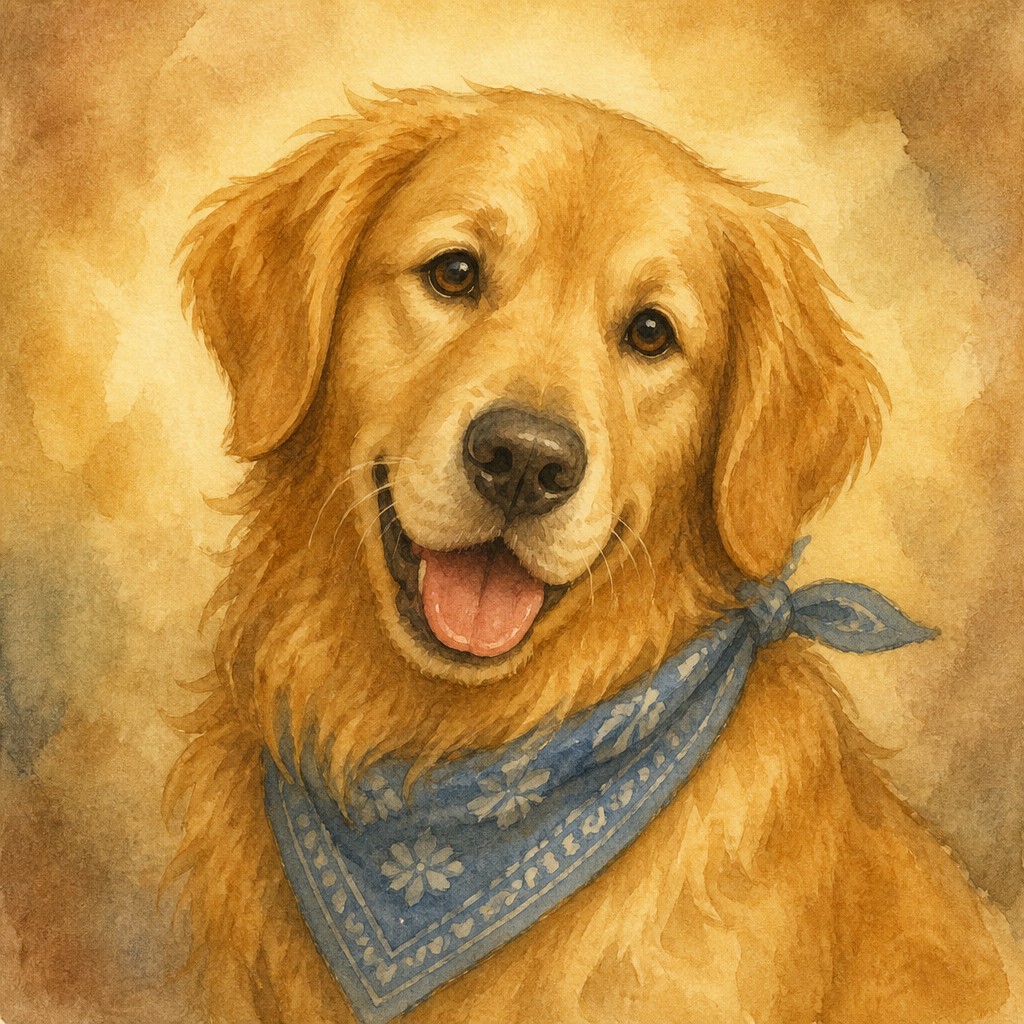 portrait of a golden retriever wearing a blue bandana, warm plain backdrop, no text