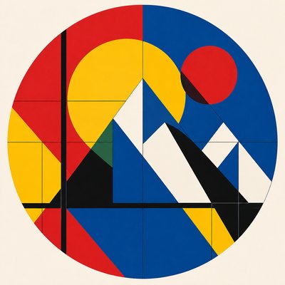 an emblem of a mountain peak inside a circle, simple bold shapes on a plain background, no text or lettering