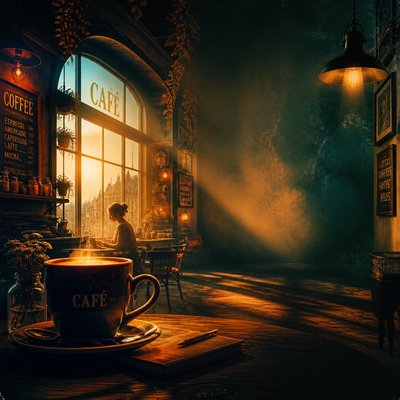 cozy cafe interior with warm lighting