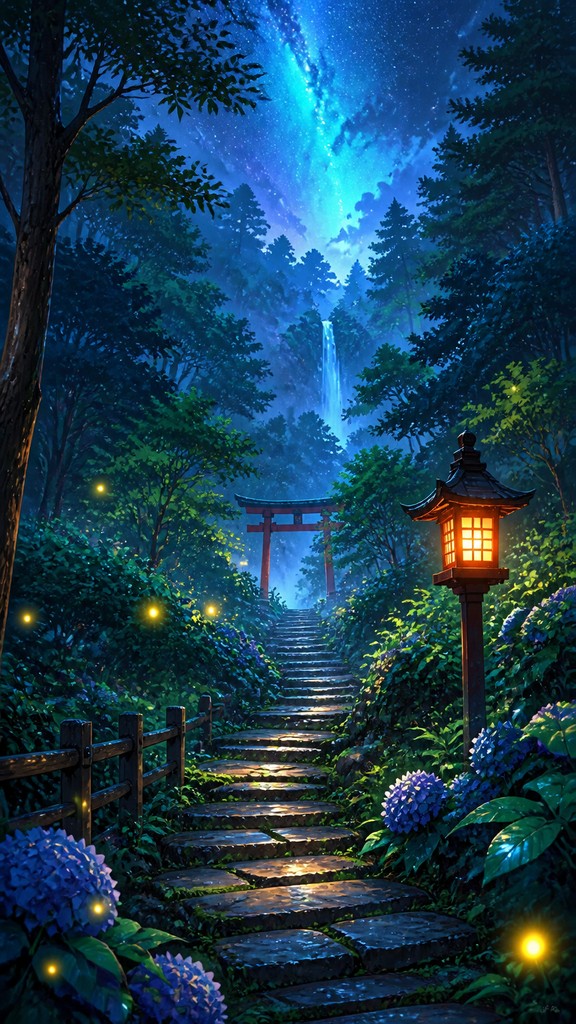 a mysterious forest path with fireflies and drifting mist, atmospheric vertical composition with open space at the top, no text