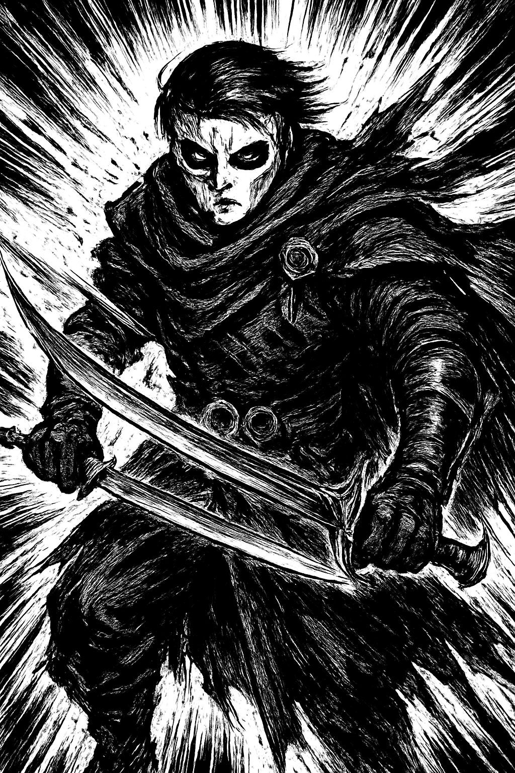 a black and white drawing of a man with a sword