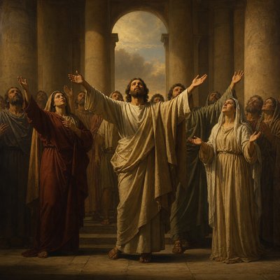 early Christians standing with outstretched arms in prayer