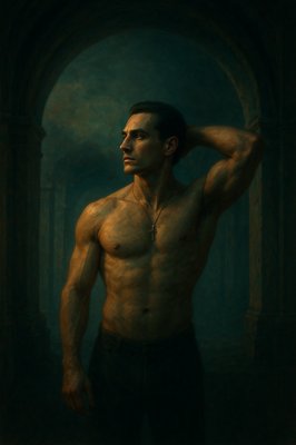 a painting of a man with no shirt on