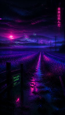 a field of lavender stretching to distant hills at dusk, no people