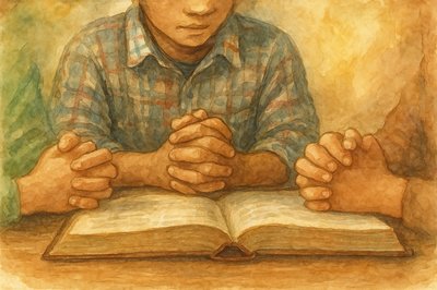 a painting of a man holding his hands over a book