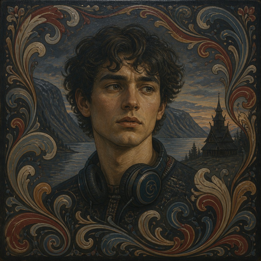 head-and-shoulders portrait of an original character: a young man with curly dark hair and headphones around his neck, plain backdrop, no text