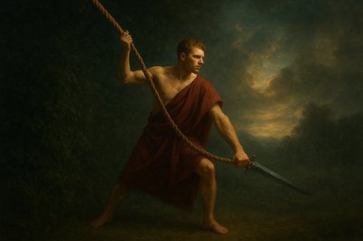 a painting of a man holding a rope and a sword