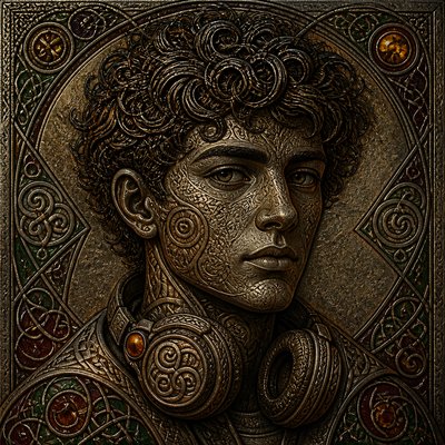 head-and-shoulders portrait of an original character: a young man with curly dark hair and headphones around his neck, plain backdrop, no text