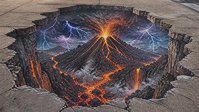 an erupting volcano with lightning strikes, dramatic wide composition, no text