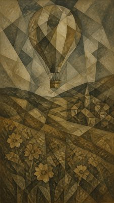 a hot air balloon drifting over rolling flower fields on a sunny day, cheerful, no text