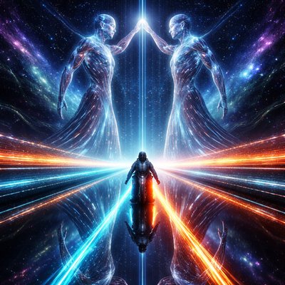 Neon-Futurism Digital Art Style, Bioluminescent Sci-Fi Cosmic Setting, Perfectly Symmetrical Composition. A wide shot looking down a highway that seems to exist in two places at once.

The Rider & Bike Consistency: The lone motorcyclist—in the signature sleek, armored suit and helmet—is centered on the hubless "light-cycle." In this scene, the highway is made of a highly reflective, mirror-like black chrome. As the rider speeds forward, a perfect "ghost" reflection of the bike and rider is visible on the surface below, making it look like two twins are racing tire-to-tire.

The Path (The Dual Ecliptic): The glowing blue laser-grid highway is perfectly straight, but it is flanked by two parallel streams of data-light that pulse in sync, like a heartbeat.

The Gemini Presence: Looming over the path are the colossal Twin Titans. They are rendered as towering figures of translucent silver and electric-blue light. They are positioned facing each other across the highway, their hands nearly touching to form a grand "A-frame" archway over the rider.

The Atmosphere: The space between the Twins is filled with shimmering, binary code "snow" and swirling nebulae in shades of teal and indigo.

The Action: As the rider passes through the center of the Twins, the "ghost" reflection on the road glows with an intense orange light, while the real rider maintains the cyan glow, representing the two sides of a single soul.

Lighting: High-key neon reflections. The silver bodies of the Twins act as mirrors, catching the orange and cyan flashes from the bike and throwing them back across the cosmic void.