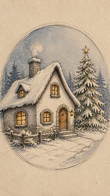 a snow-covered cottage with warm glowing windows beside a decorated pine tree, gentle snowfall, no text
